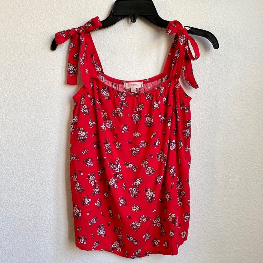 Walking on Sunshine Girls' Red Floral Tie Shoulder Popover Top Size XL (14)